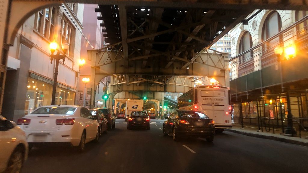 Street-level low light example from Downtown Chicago Loop River North, cropped to show the local street context.