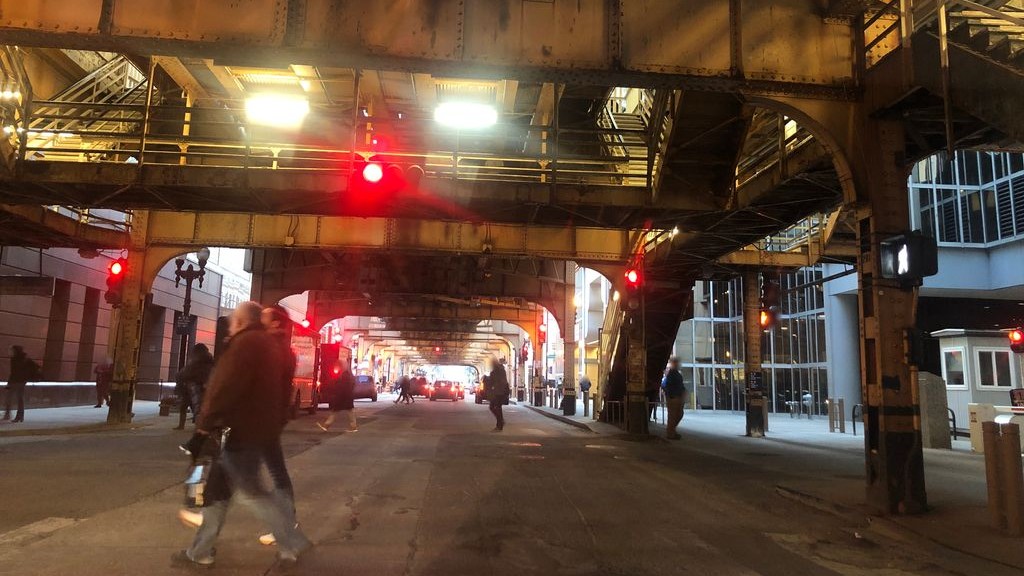 Street-level low light example from Downtown Chicago Loop River North, cropped to show the local street context.
